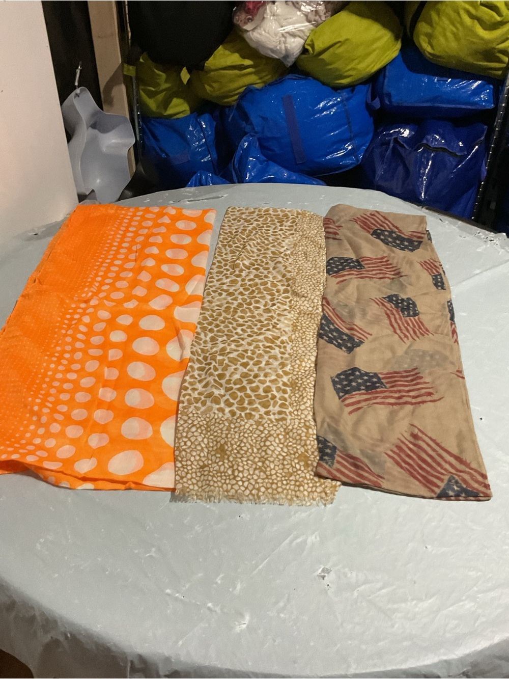 Trio of Lightweight Scarves - Orange Dot, Beige Animal Print, Flag Print